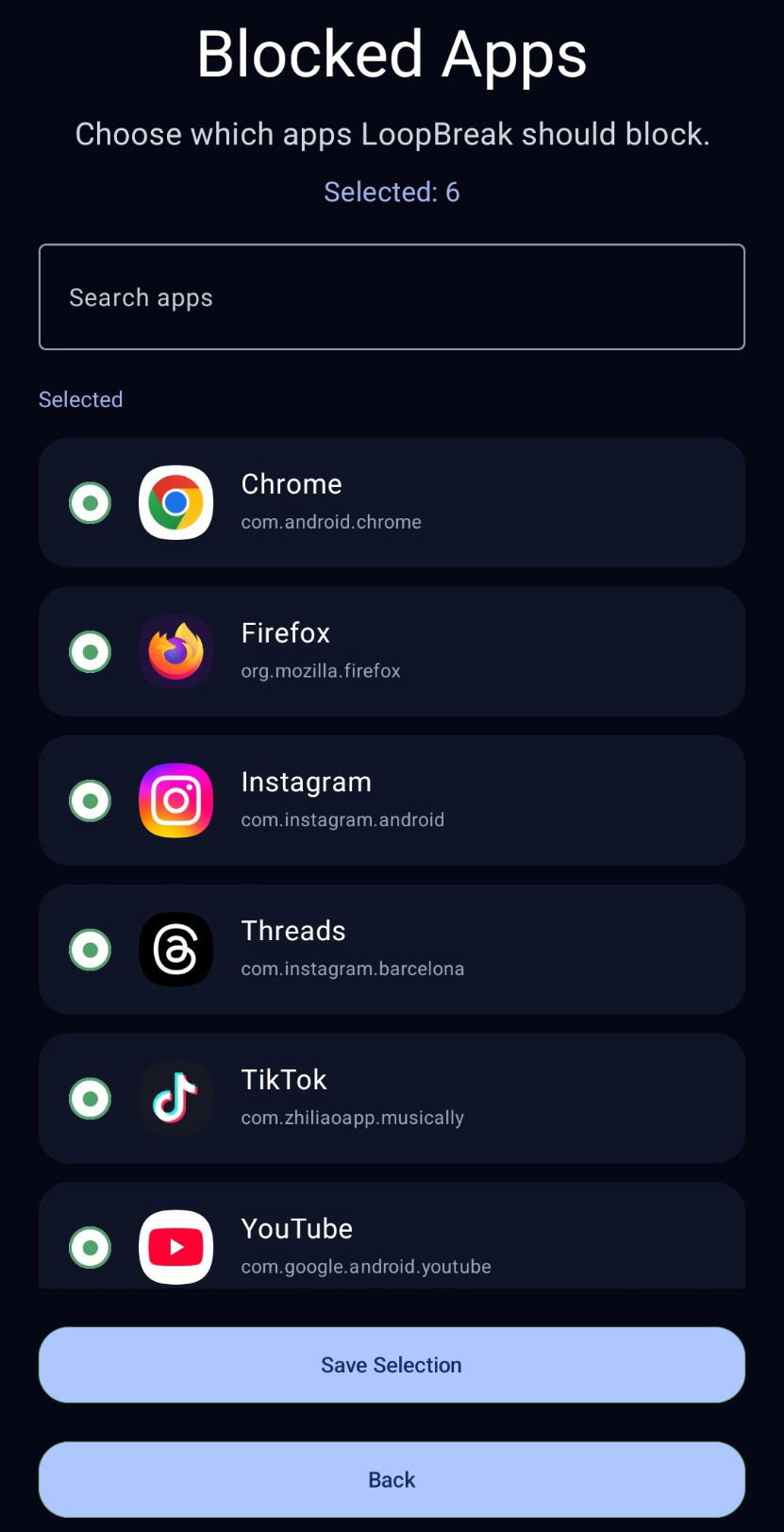 LoopBreak blocked apps selection screen