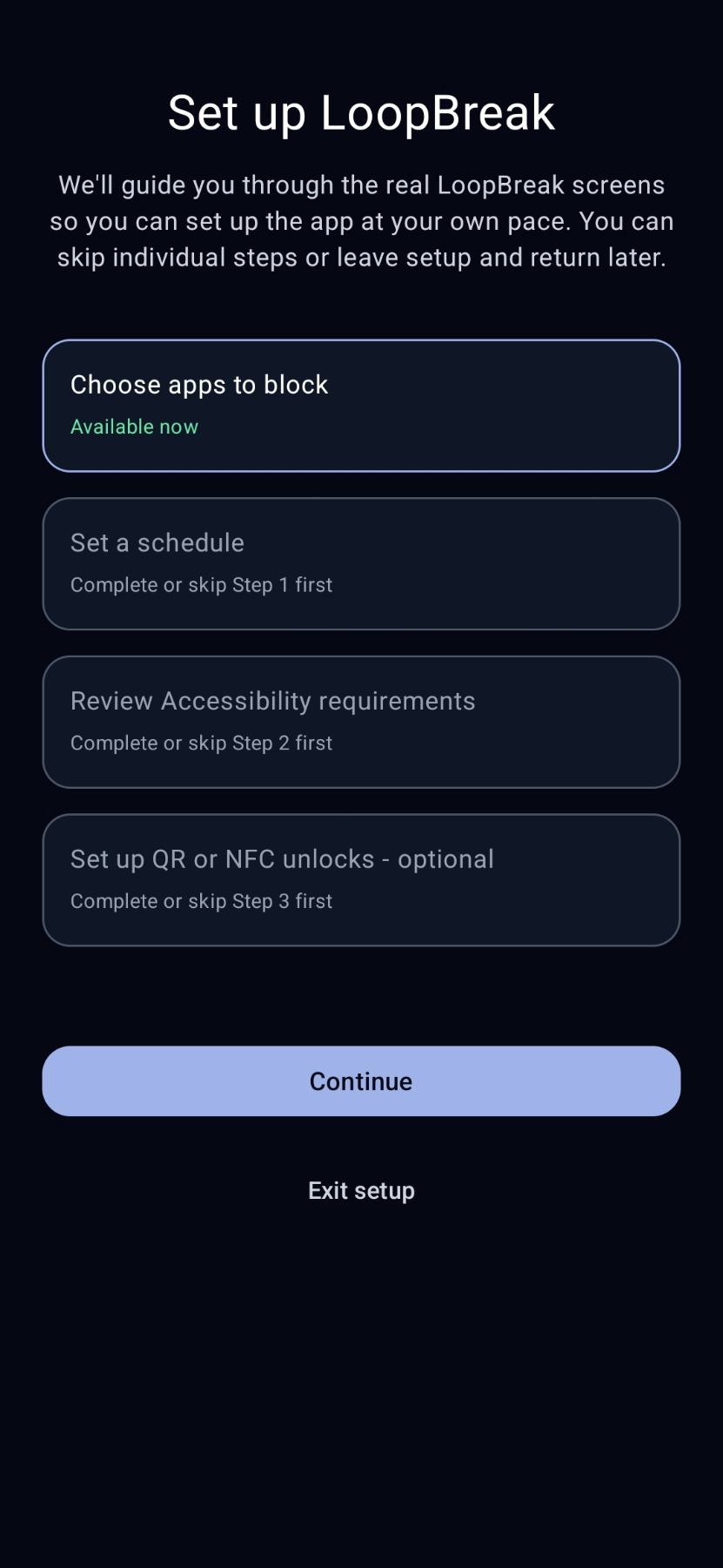 LoopBreak guided setup screen