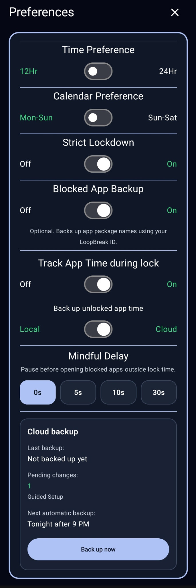LoopBreak Preferences screen with time, calendar, lockdown, backup, app-time tracking, Mindful Delay, and cloud-backup controls